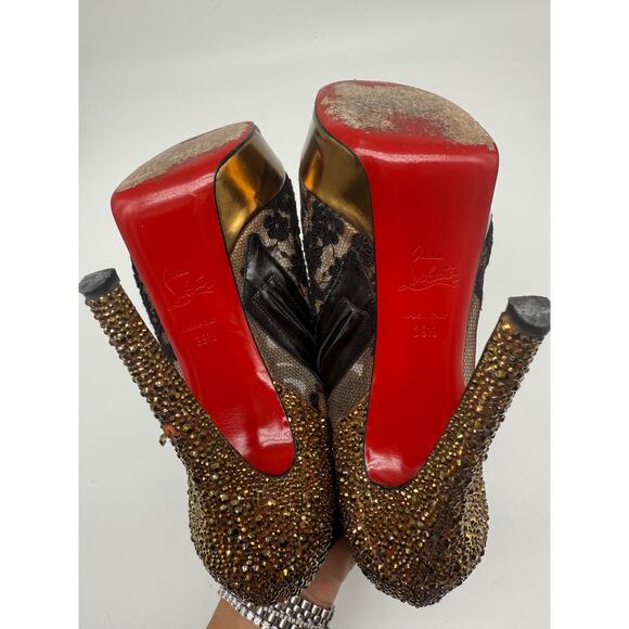 Christian Louboutin Mesh Lace Embroidered Glitter Peep Toe Pump Black Size 39.5 - Picture 11 of 14